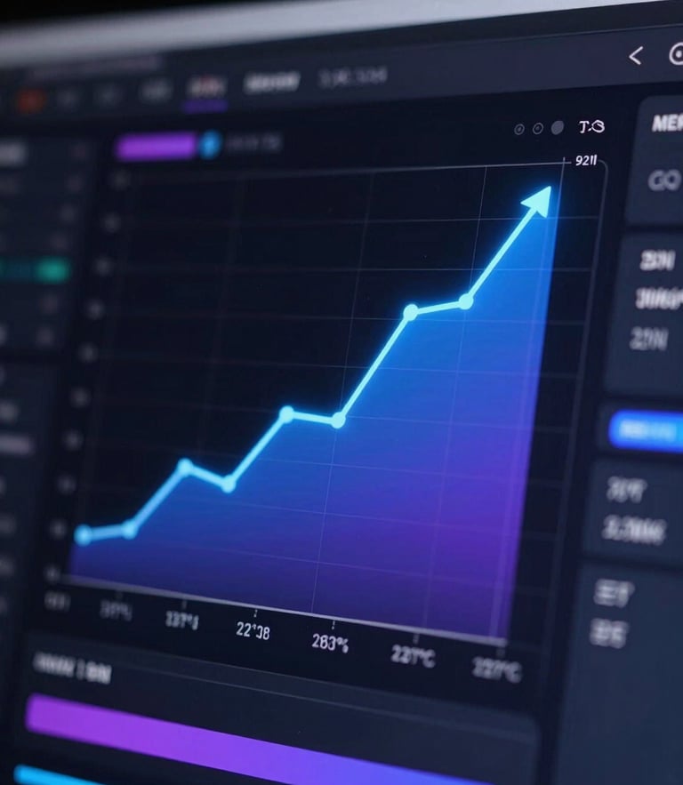Macro close-up of a dark-mode UI dashboard with vibrant blue and violet upward-trending conversion charts, high-contrast cybernetic glow, deep shadows, ultra-crisp technical interface.