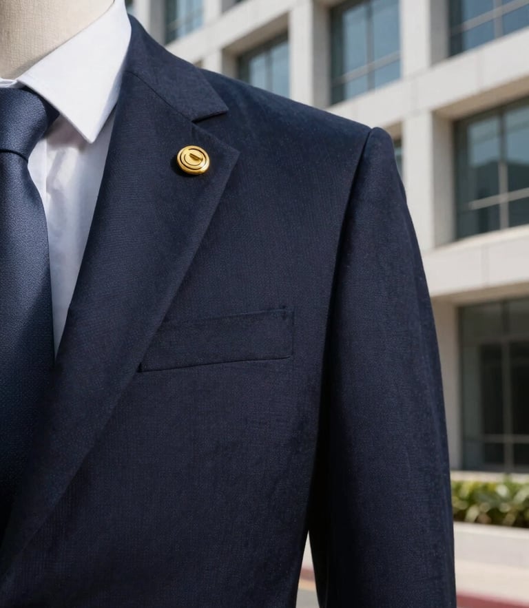 Close-up of a structured business suit with a gold lapel pin, set against the clean architectural lines of a modern Abuja office building, sharp window light, deep navy shadows.