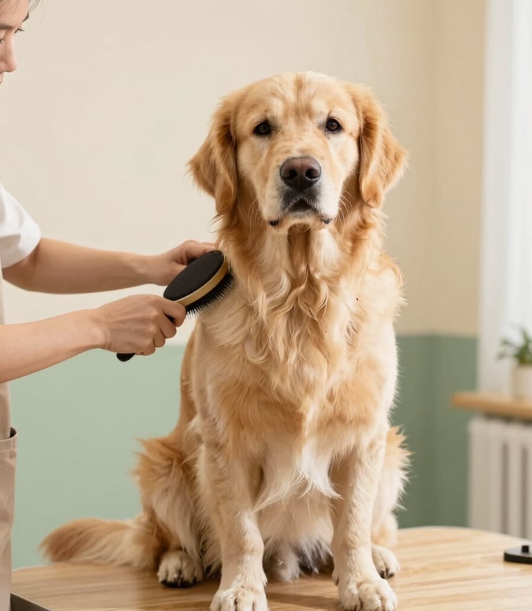 Eye-level medium shot of a calm golden retriever sitting relaxed on a clean wooden grooming table, a professional groomer gently brushing its coat under soft indirect natural daylight, warm cream and sage green interior background, shallow depth of field.