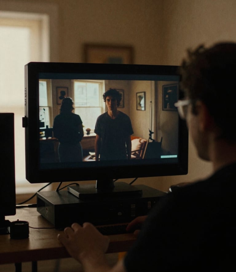 Cinematic behind-the-scenes creative session, director looking at camera monitor showing high-contrast scene, deep shadows, warm interior tones, 35mm film grain
