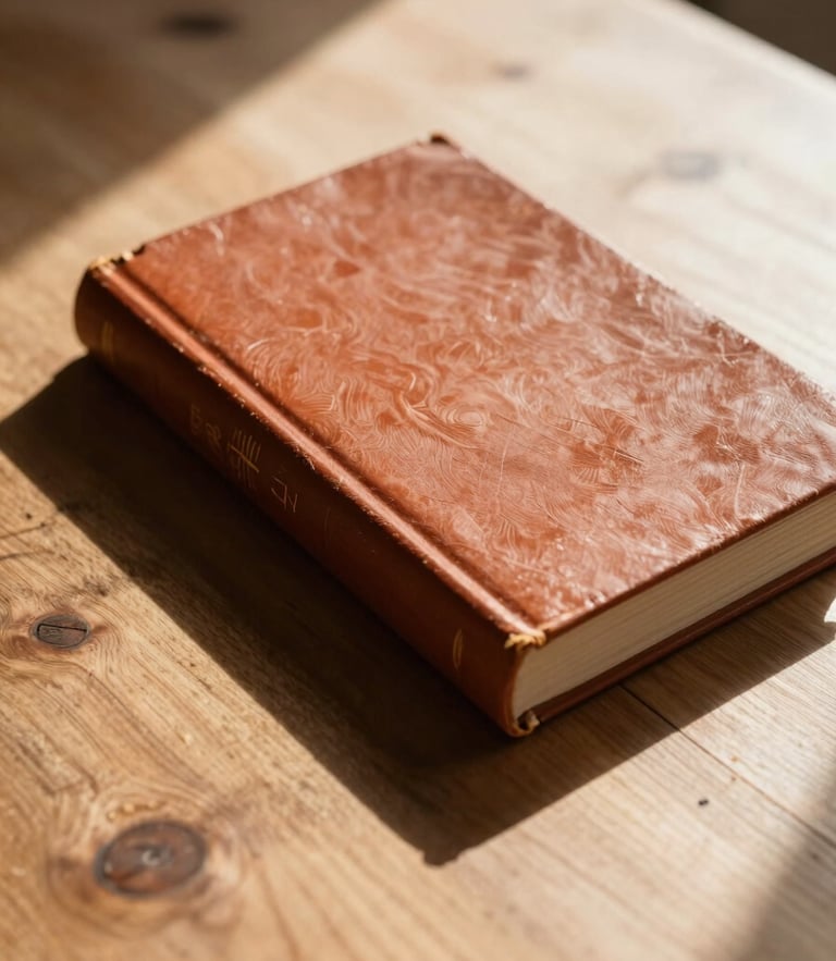 Vue rapprochée d'un livre clinique cartonné posé sur une table en bois brut, ombre portée géométrique et lumière naturelle de fin d'après-midi, tons chauds terracotta.