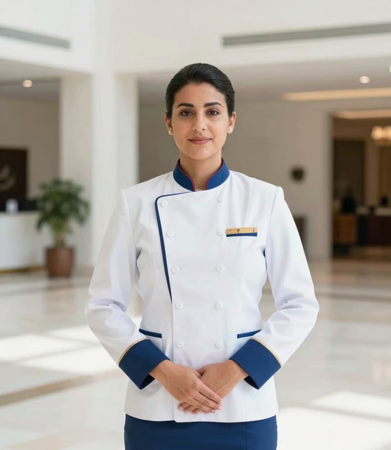 Bright editorial photography of a professional hospitality staff member in an immaculate uniform standing in a crisp, modern hotel lobby in Doha, daylight, 35mm