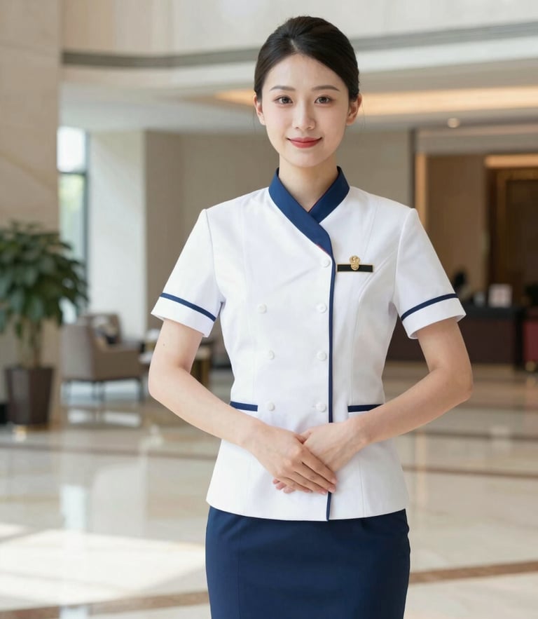 Bright editorial photography of a professional hospitality worker in an immaculate uniform standing in a polished luxury hotel lobby, crisp daylight, 35mm