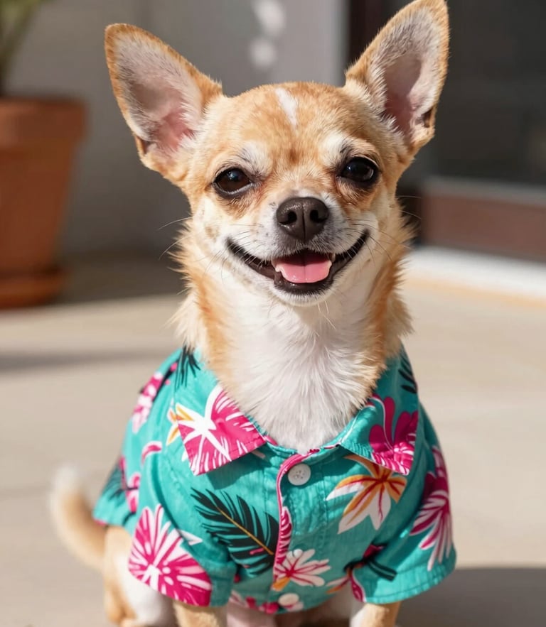 A happy small chihuahua wearing a colorful tropical Hawaiian shirt, sitting proudly on a sunny patio, warm bright daylight, close-up eye-level, vibrant teal and magenta accents, shallow depth of field, 35mm