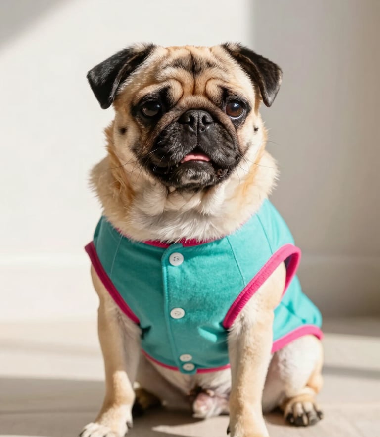 Un tierno perro pug usando una camisa playera colorida, sentado alegremente bajo luz natural cálida, fondo suave.