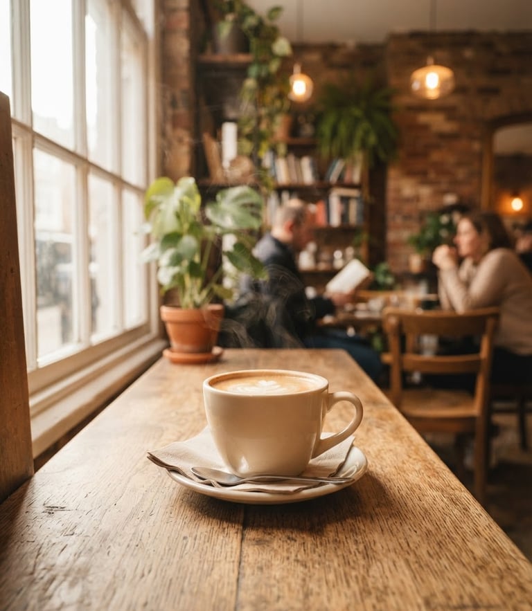 Warm environmental photography of CAFECITY interior, soft window light highlighting a wooden table with a steaming coffee cup, rich cream tones, shallow depth of field, 35mm