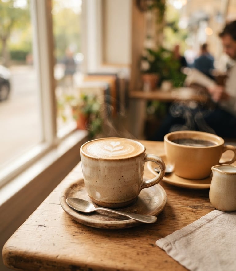 Warm editorial photography of steaming cups of coffee on a wooden table near a window with soft natural light, rich cream and coffee tones, shallow depth of field, 35mm