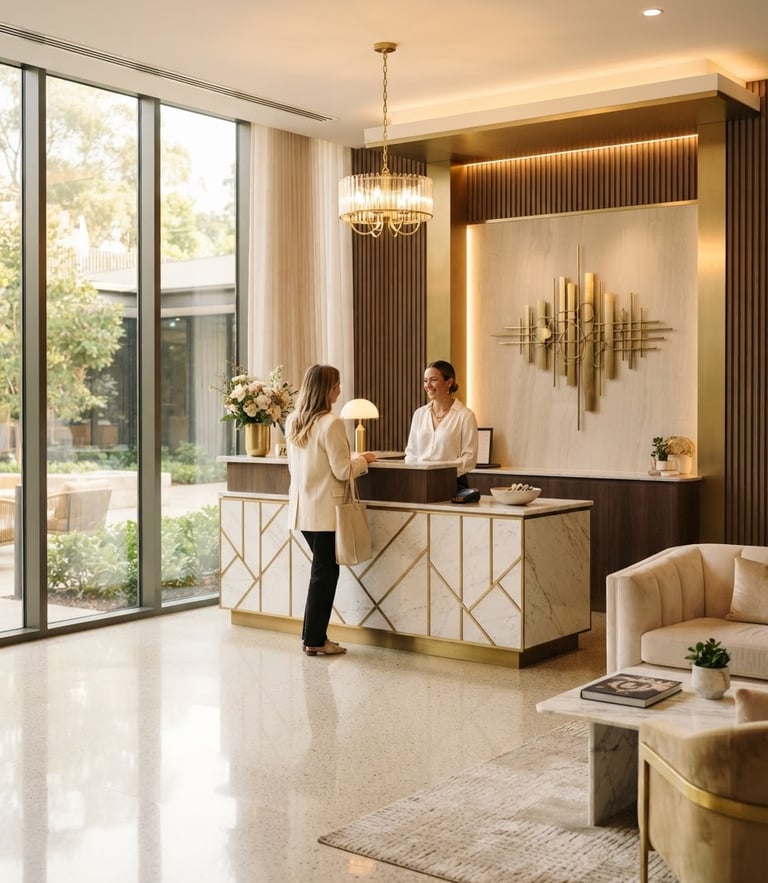 Bright modern guest house reception lobby with warm lighting, gold accents, clean polished floors, and a welcoming desk.
