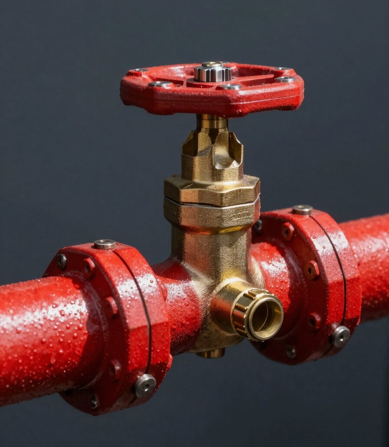 Close-up macro shot of heavy-duty red piping and brass pressure valves under intense industrial light, crisp shadows.