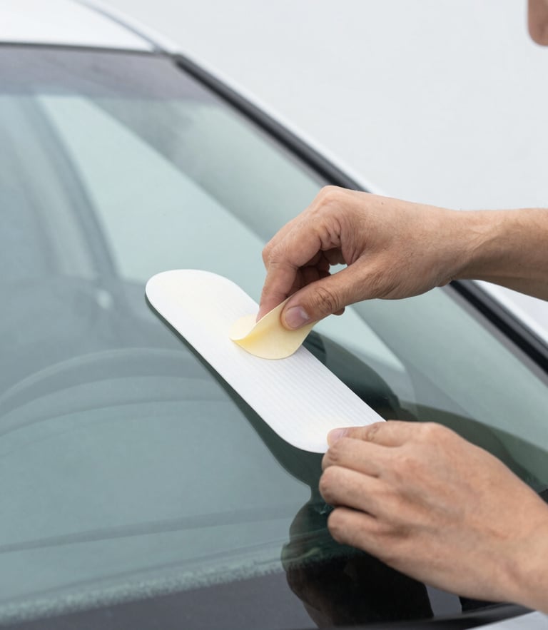 Close-up of clean professional hands applying adhesive seal to a new car windshield, bright daylight, sharp focus, 35mm