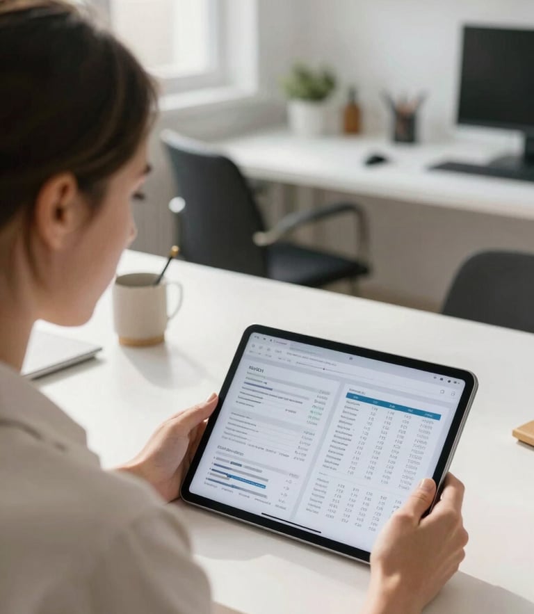 Over-the-shoulder shot of a focused female business owner reviewing financial spreadsheets on a tablet in a bright, naturally lit modern workshop, clean and organized background, daylight.