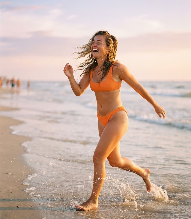 Warm editorial photography of a young woman laughing on a sun-drenched beach, wearing a bright orange bikini, dynamic motion, soft pastel sky background, 35mm