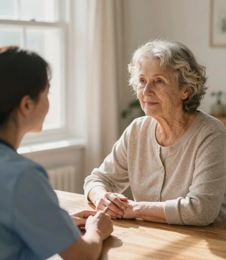 A warm sunlit living room where a professional caregiver and an elder woman sit together, hands resting gently on a wooden table, soft natural window lighting, 35mm photography.