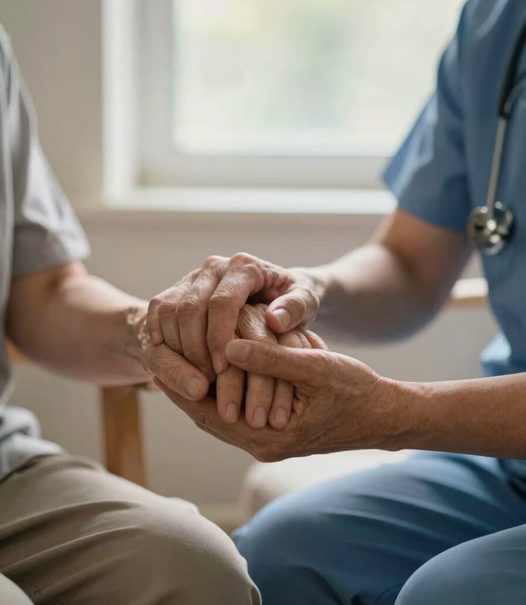 Warm editorial portrait of a caregiver gently holding an older adult's hand in a sunlit room, soft natural window light, shallow depth of field, 35mm