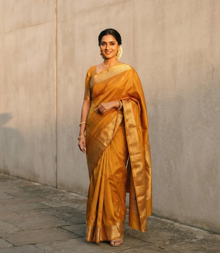 A medium-long shot of an elegant woman in a premium ochre silk saree standing against a minimalist concrete wall, warm golden-hour sunlight highlighting the rich fabric texture and drape.