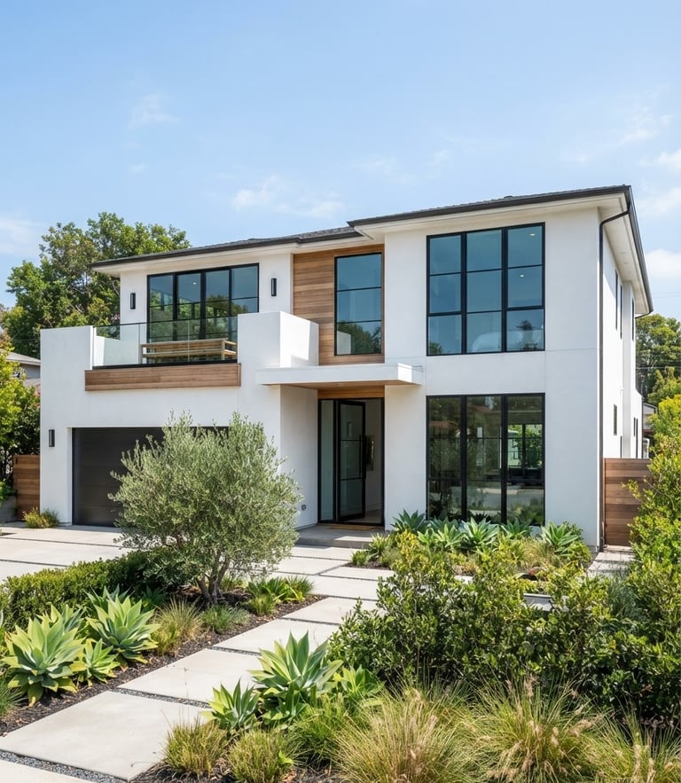 Crisp commercial photography of a clean modern house exterior with pristine white render, bright natural daylight, 35mm lens