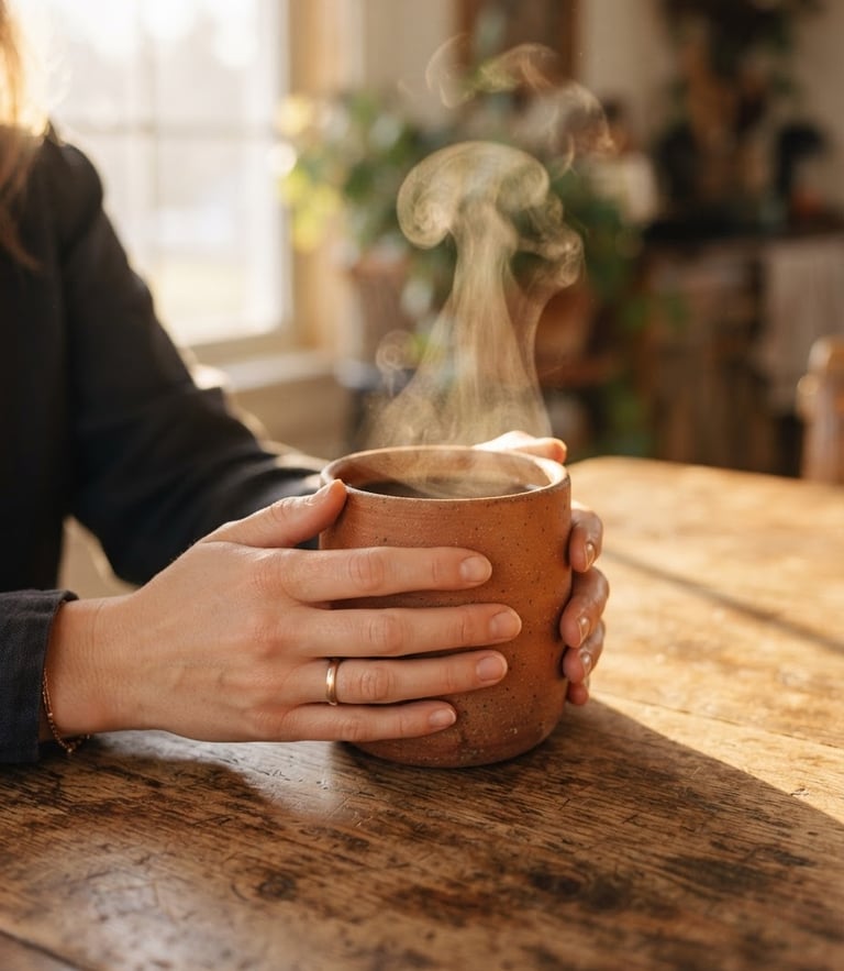 Close-up of hands holding a heavy-bottomed terracotta mug filled with steaming coffee, warm golden-hour window light casting soft shadows on a rustic wooden table, shallow depth of field, 35mm