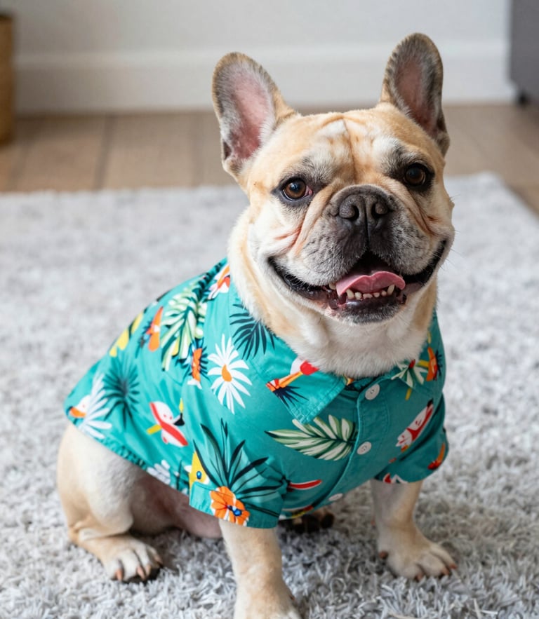 Bright editorial photography of a joyful French bulldog wearing a vibrant teal tropical shirt, sitting comfortably on a soft light gray rug, natural daylight, 35mm lens.