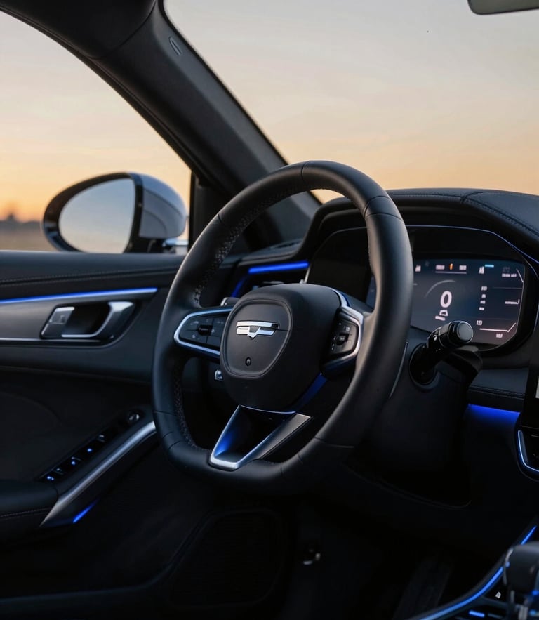 Tight dynamic angle of a modern sports car dashboard at dusk, sharp focus on steering wheel, electric blue ambient lighting