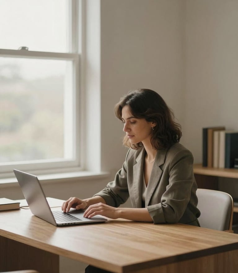 A warm editorial portrait of a professional woman working at a minimalist wooden desk near a large window, soft natural daylight, muted earth tones, 35mm
