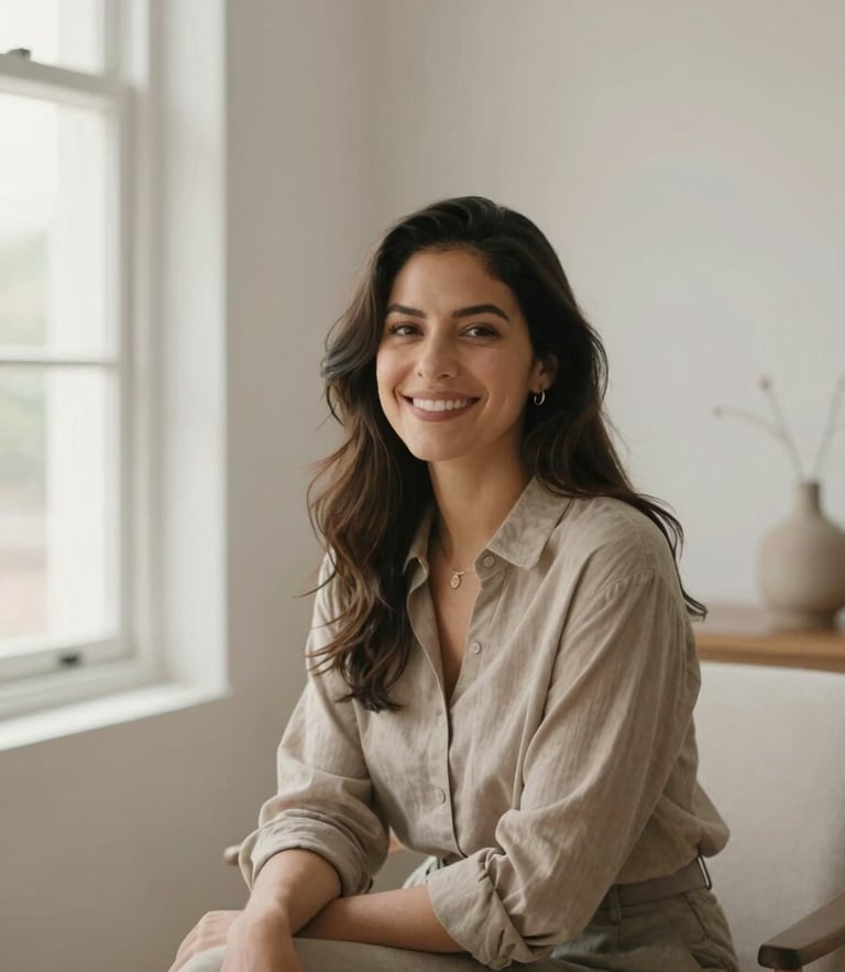A professional portrait of Angie, a Hispanic woman with a warm, confident smile, sitting in a bright, modern minimalist room in Mexico, soft natural window light, muted earth tones, 35mm