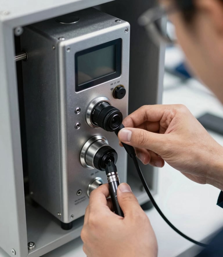 Close-up of a technician calibrating a digital bar system connection, stainless steel hardware, sharp focus, high-contrast industrial lighting