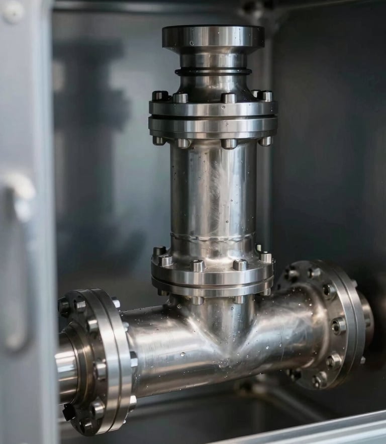 Macro shot of a stainless steel draft manifold inside a clean commercial cold room, sharp metallic reflections, cool-toned ambient light, 35mm lens