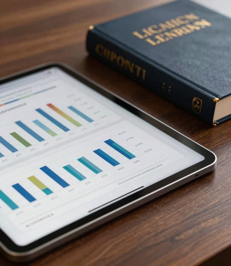 Macro shot of a modern digital tablet displaying compliance data charts, resting on a dark wooden boardroom table next to a physical legal treatise, soft warm architectural lighting.