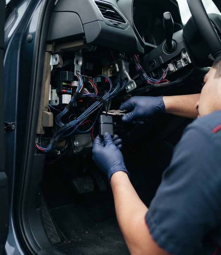 Professional GPS installer mounting a tracking device under a car dashboard, clean daylight, technical hands-on shot, 35mm lens