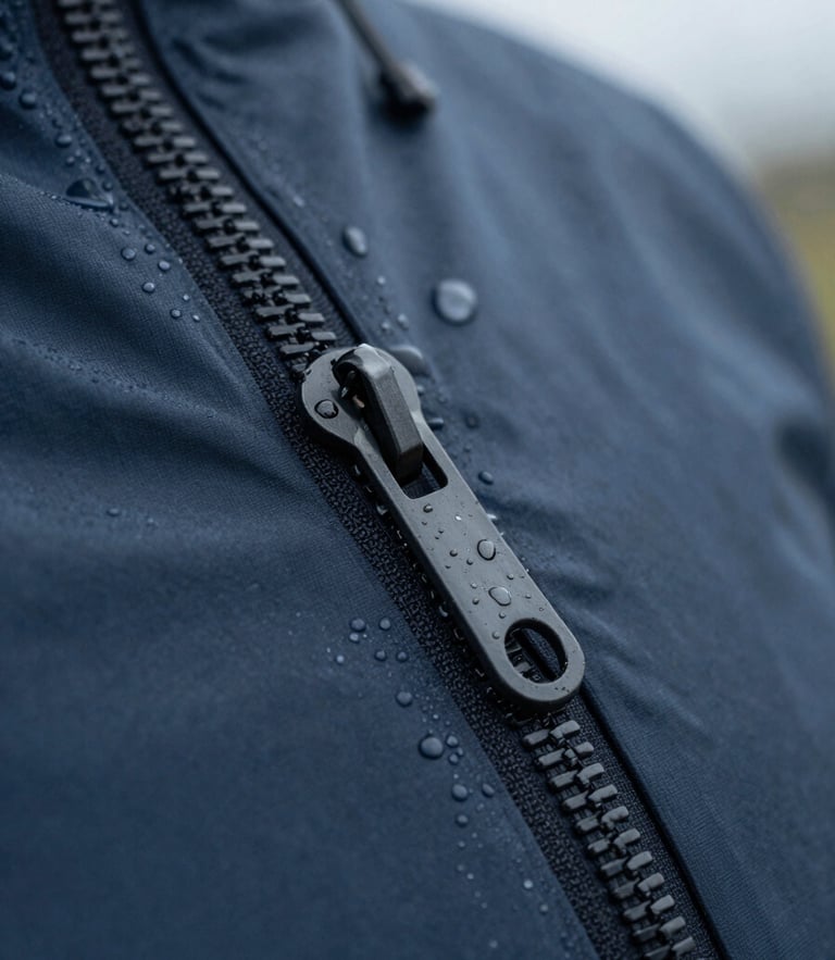 Close-up macro shot of weather-sealed zipper on deep slate technical fabric, water droplets beaded on surface, cool overcast daylight, sharp details