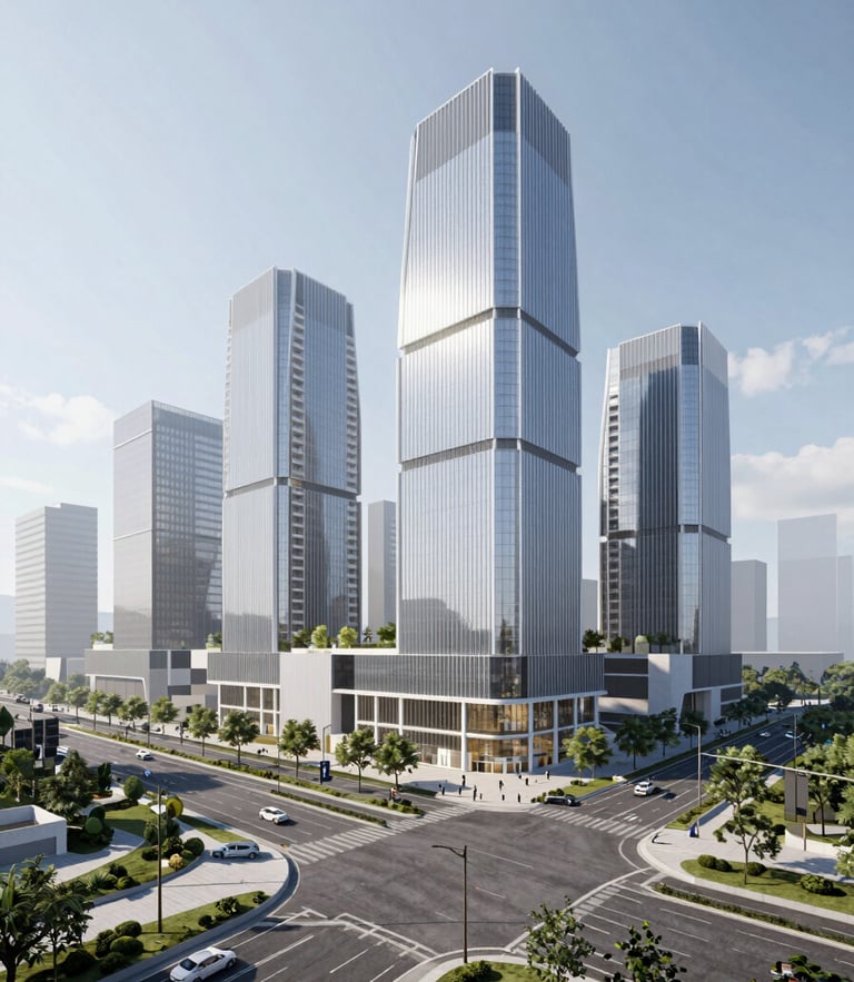 Crisp architectural rendering of Dholera Smart City's futuristic skyline and wide transit corridors, bright natural daylight, clean lines, professional 35mm photography