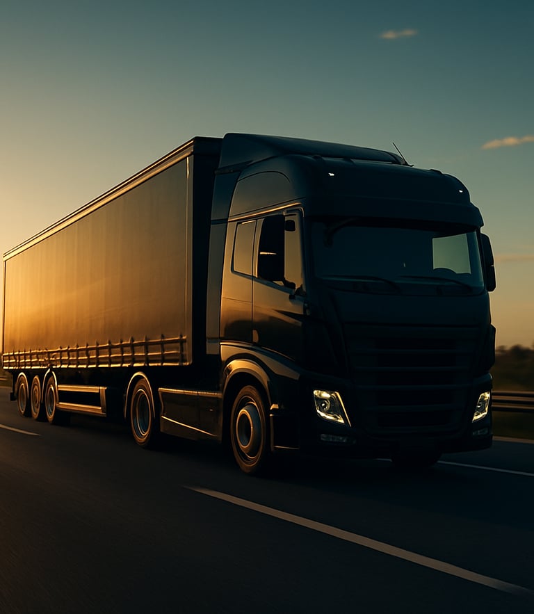 Cinematic editorial photo of a modern black fleet truck in motion on a clean European highway, low-sun golden hour light, sharp focus, 35mm