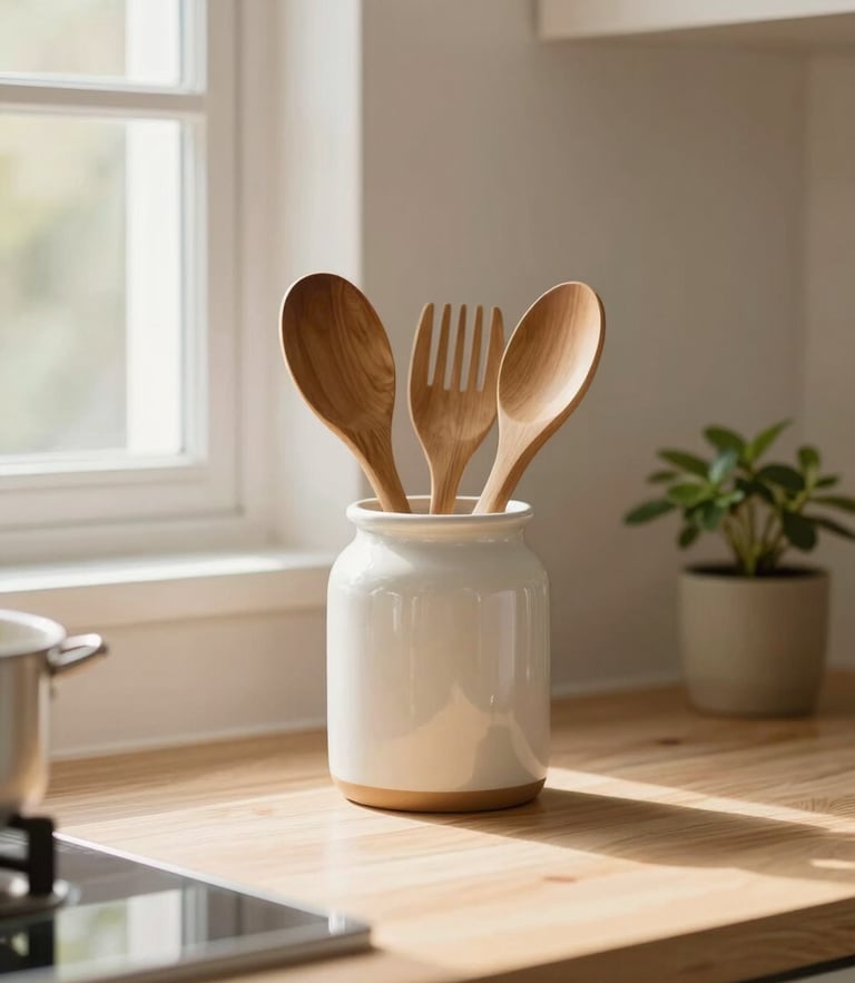 Warm editorial photography of a beautifully organized kitchen counter with soft morning light, wooden utensils in a ceramic jar, and a small green plant.