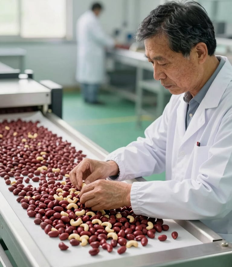 An agricultural inspector in a clean, sunlit facility examining raw Indian cashews on a modern sorting table, soft Scandinavian daylight, shallow depth of field