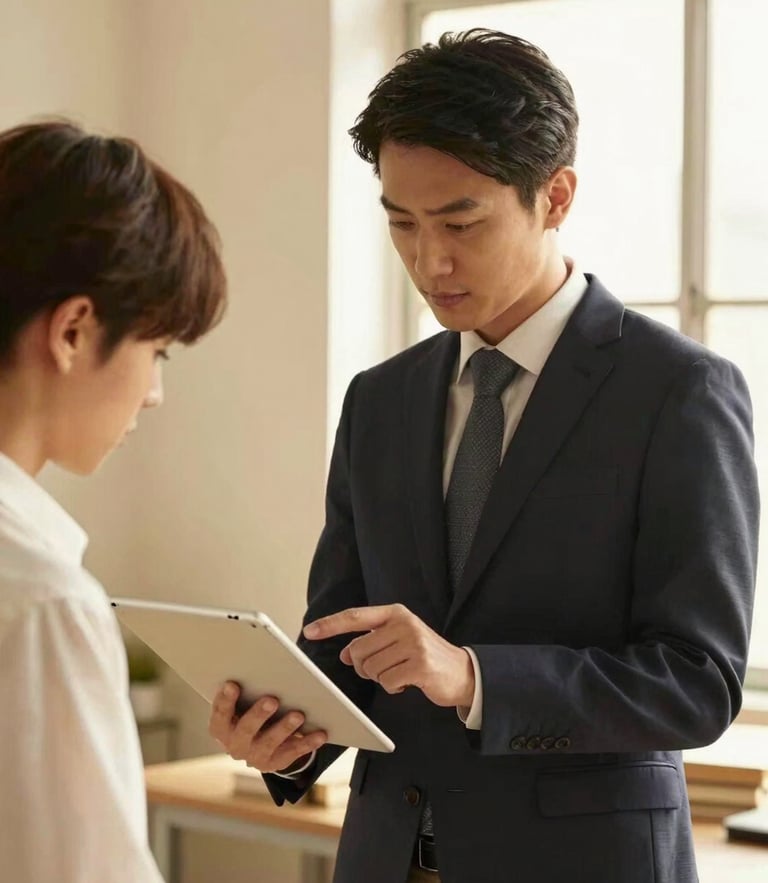 Warm editorial portrait of a professional supervisor in a structured corporate environment, pointing at a tablet screen while explaining a process to a young apprentice, natural light, soft gold tones, 35mm lens.