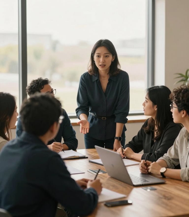 Professional collaborative setting with warm natural window light, an educator guiding a structured team meeting over a table, deep charcoal tones.