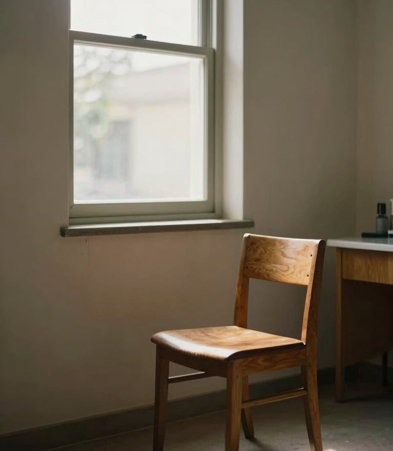 Portrait of a serene, sunlit consultation room in Argentina, soft natural light filtering through a tall window, a single warm wooden chair, muted earth tones, shallow depth of field, authentic clinical setting