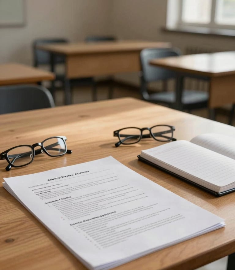 A quiet, sunlit university seminar room in Argentina, a wooden table with printed clinical protocols, glasses, and a notebook, soft natural light, warm editorial photography