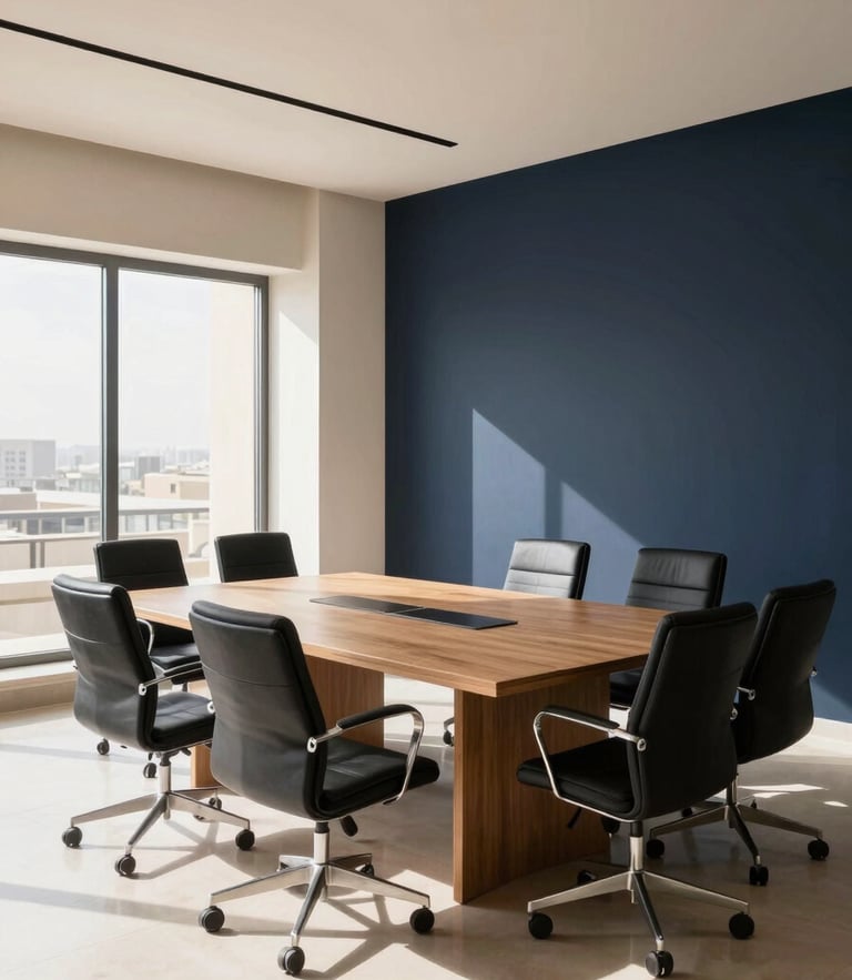A high-end corporate meeting room in Cairo with clean architectural lines, bright natural daylight, soft shadows, 35mm