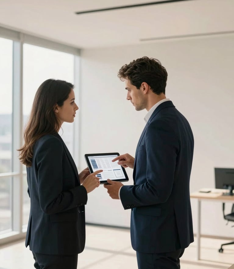 A professional bilingual consultant pointing at a digital wireframe on a tablet in a bright, daylight-filled corporate room with clean architectural lines, 35mm.