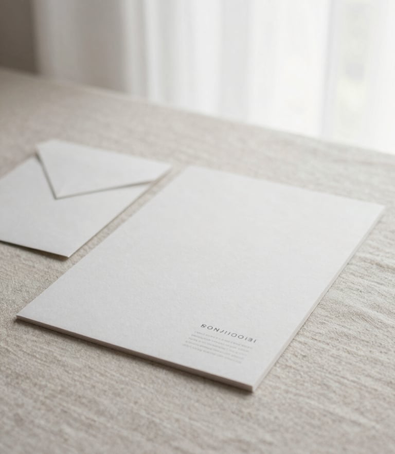 Soft editorial photograph of a minimalist brand stationery set, natural linen background, diffused window light