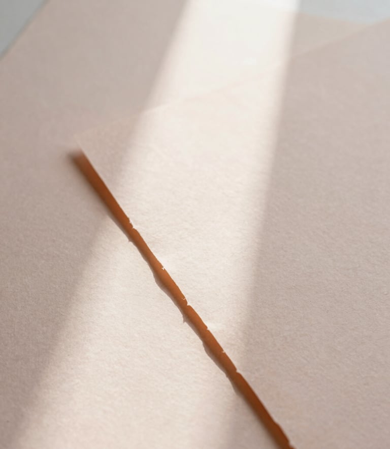 Close-up of textured handmade paper sheets with deckled edges, soft shadows from morning window light casting across a pale apricot surface, elegant minimalist composition, 35mm.