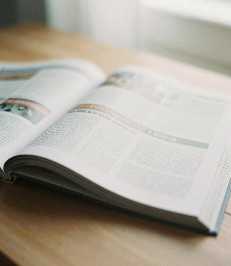 Close-up of a thick editorial journal open on a wooden table, soft shadows, warm morning light