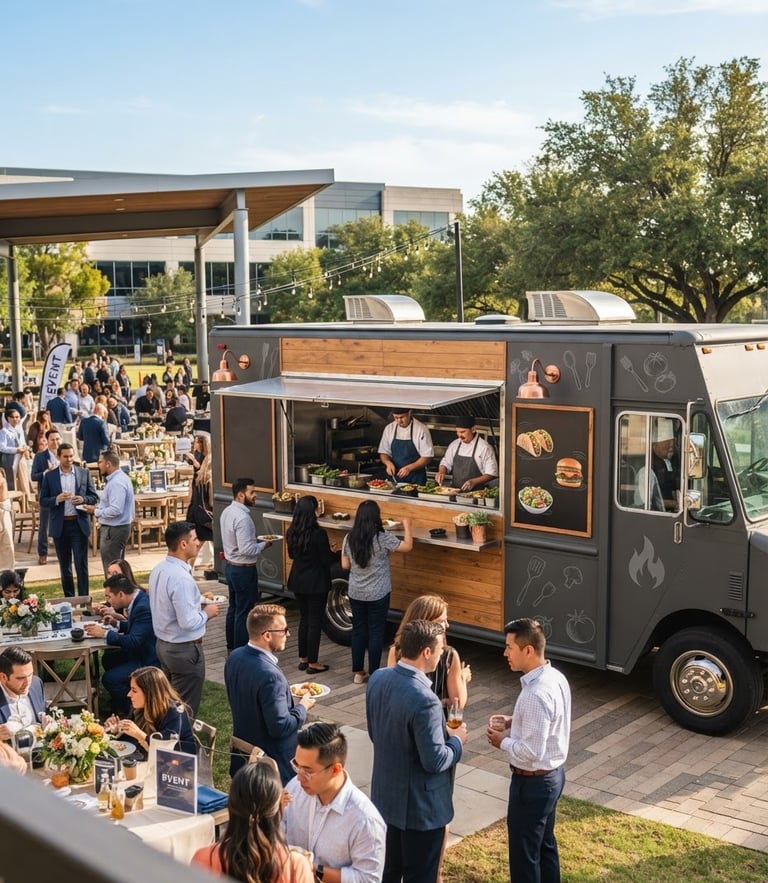 A clean, modern commercial catering truck branded with professional lettering, parked under bright Texas daylight in front of an organized outdoor corporate event setup.