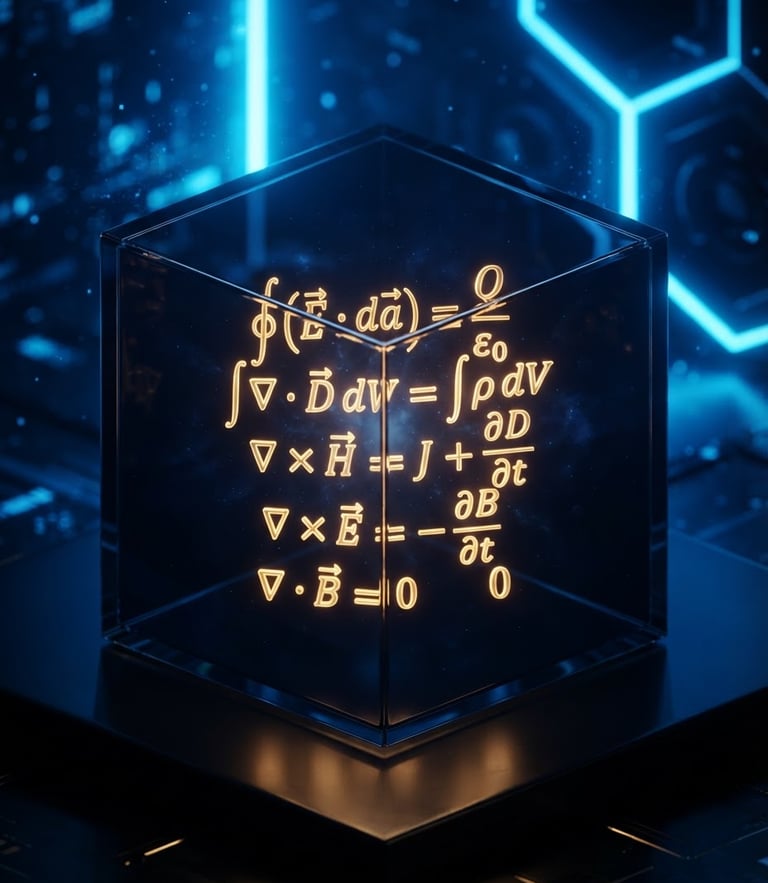 Premium 3D render of a glowing gold mathematical formula floating inside a dark navy glass cube, high-contrast neon blue backlight, isometric framing