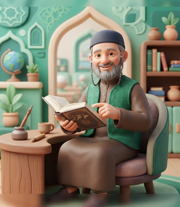 3D claymorphic illustration of a friendly Islamic teacher holding a book, soft studio lighting, emerald green and mint background, stylized render