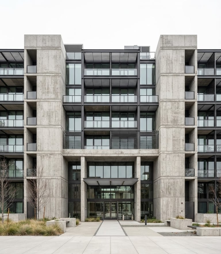 Straight-on architectural elevation of a modern concrete and steel structure, crisp geometric shadows, bright overcast daylight, sharp focus, 35mm lens