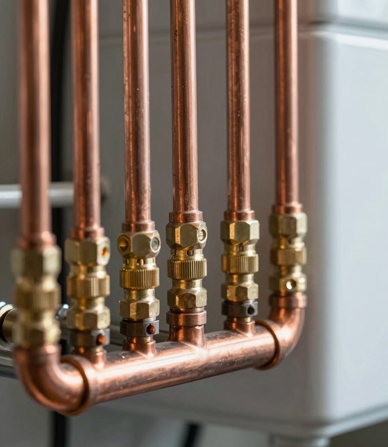 Macro shot of clean, parallel copper pipework runs connected to a modern boiler, bright brass compression fittings, natural Irish daylight