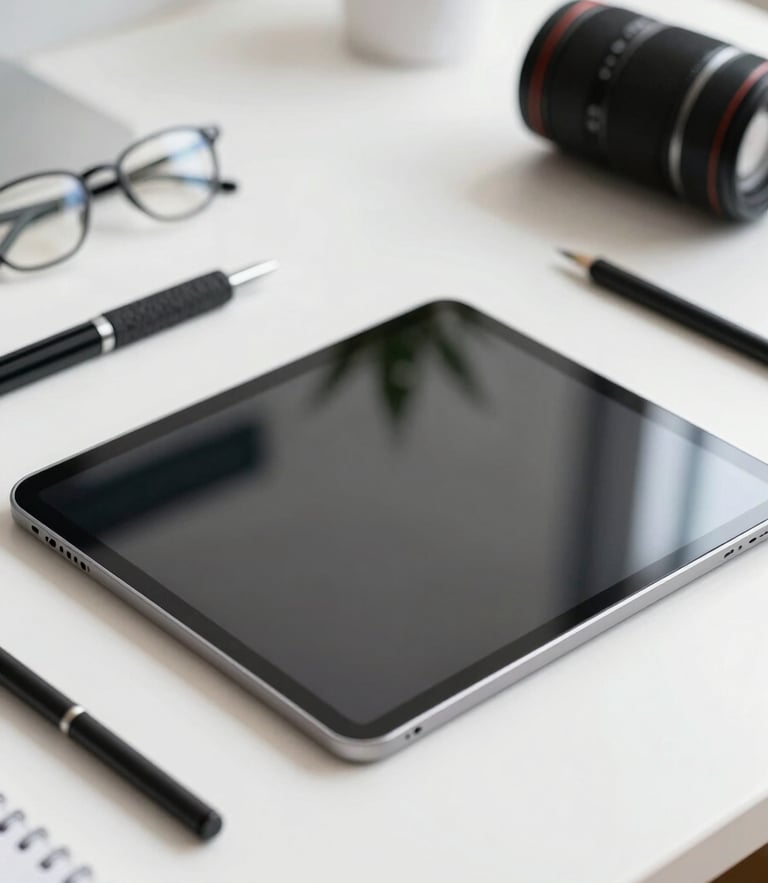 Close-up of clean, organized workspace with professional tools and a modern tablet with a disassembled screen under bright natural daylight.