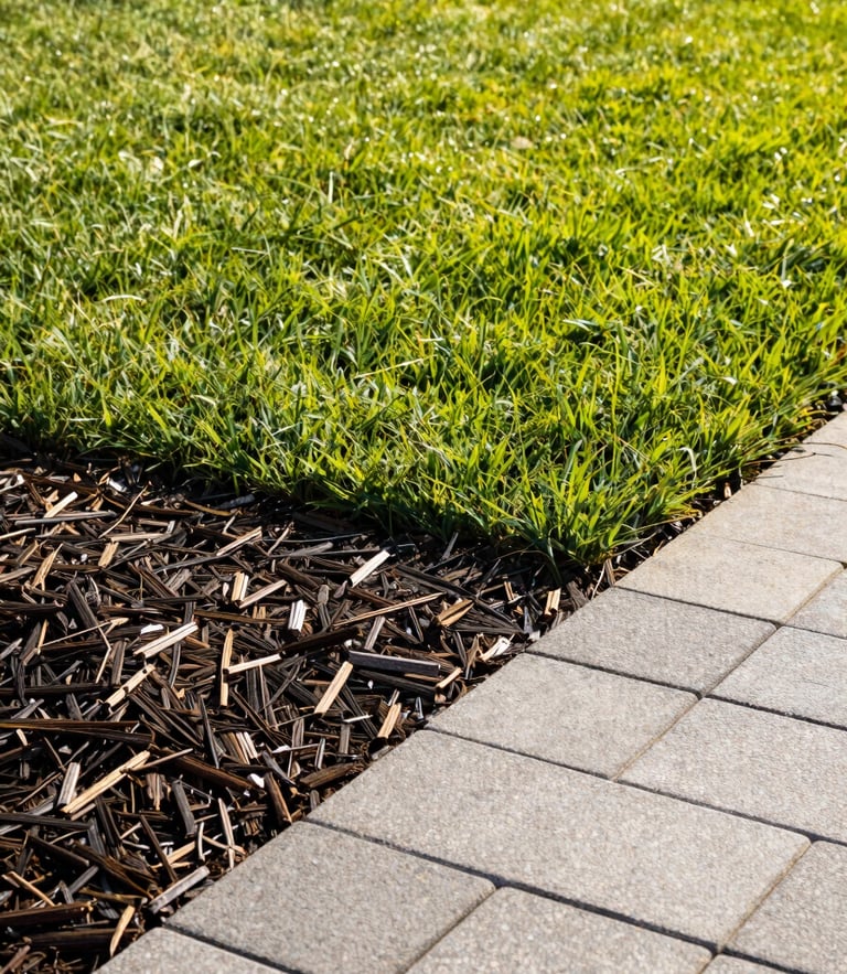 Bright outdoor photography of a beautifully manicured lawn with a newly installed gray stone paver walkway, warm afternoon sunlight, vibrant green grass and rich dark mulch, sharp focus, 35mm